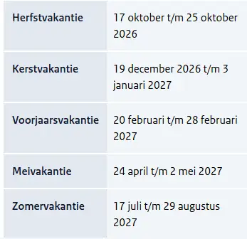 Afbeelding van de schoolvakanties schooljaar 2026/2027